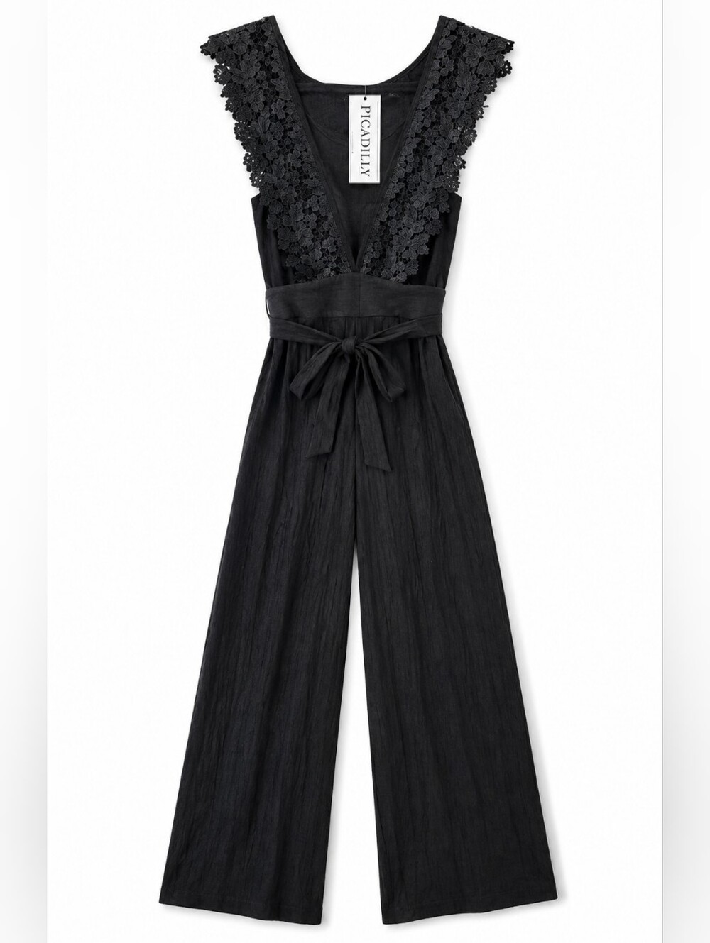 NWT (72.00US) Picadilly Black Lace-Trim Wide-Leg Jumpsuit